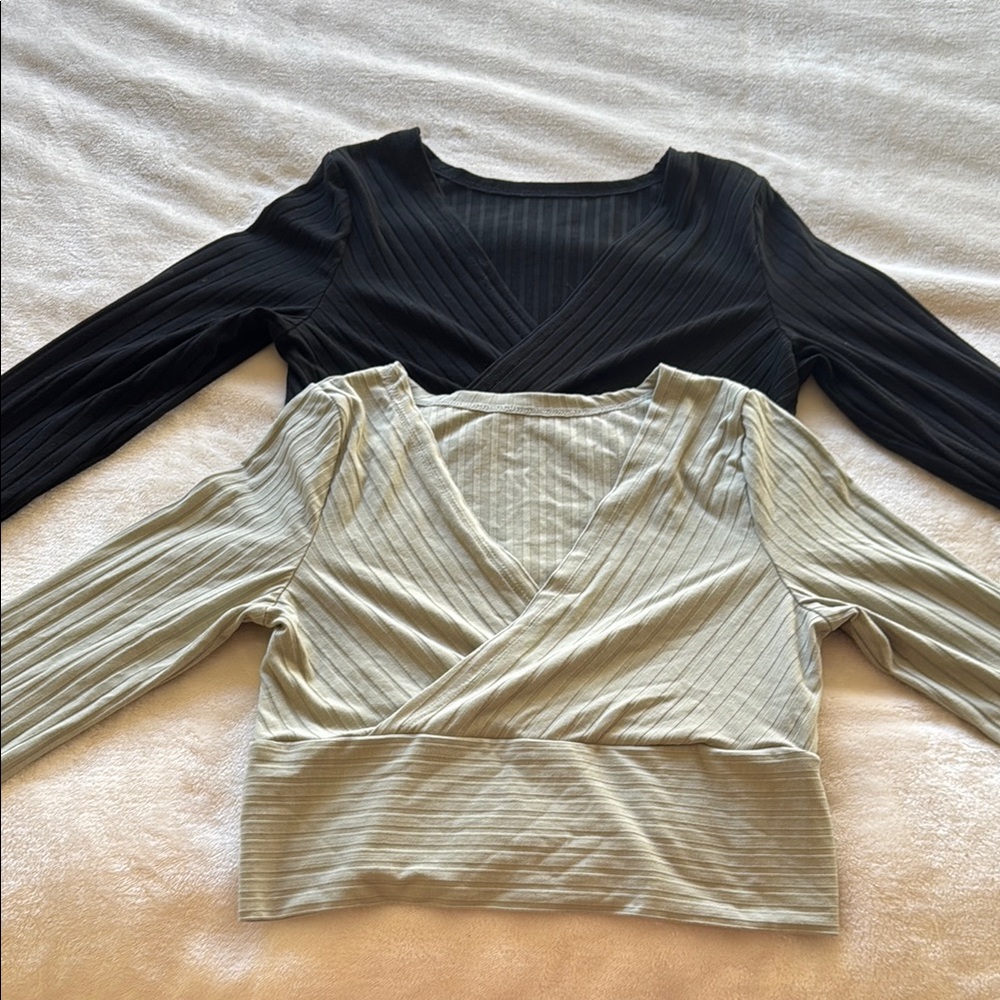 Chic V-Neck Ribbed Long Sleeve Tops - Black and Sage